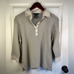 Lauren Ralph Lauren 3/4 length striped collared shirt.